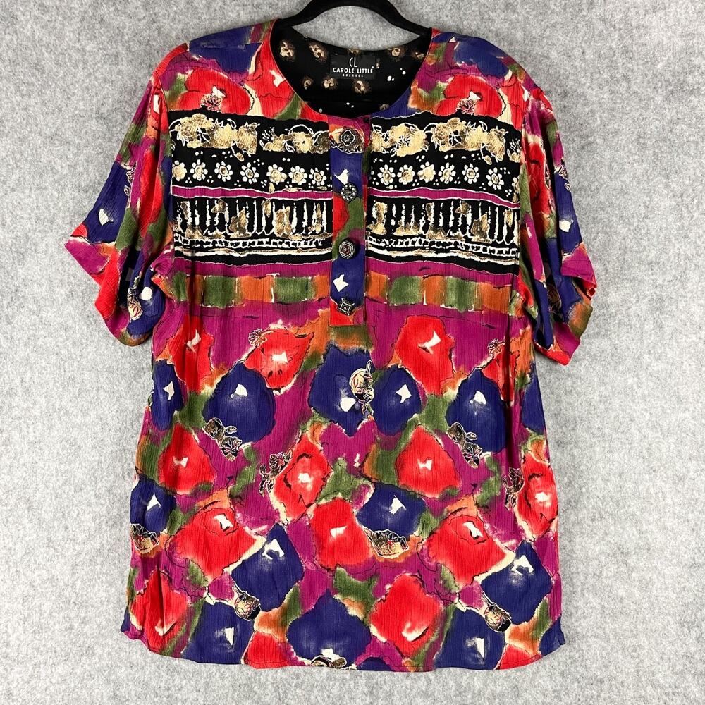Vintage Carole Little Tunic Top Womans Large Floral Abstract Crinkle Artsy 80s